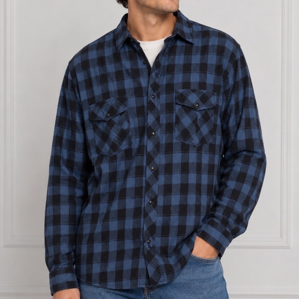 Route‎ 66 Flannel Shirt Men's XL Blue Black Plaid Distressed Grunge Button Front